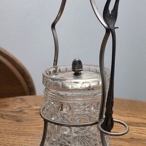 Vintage Victorian Silver Plate Pickle Castor Set with Glass Jar & Fork – England